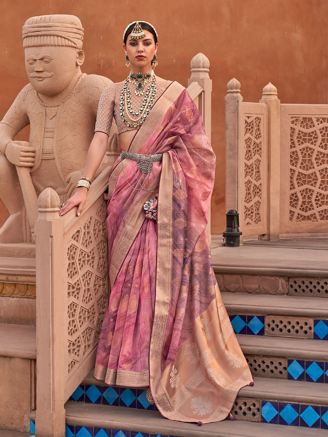 

Mitera Pink & Gold Woven Design Zari Organza Saree