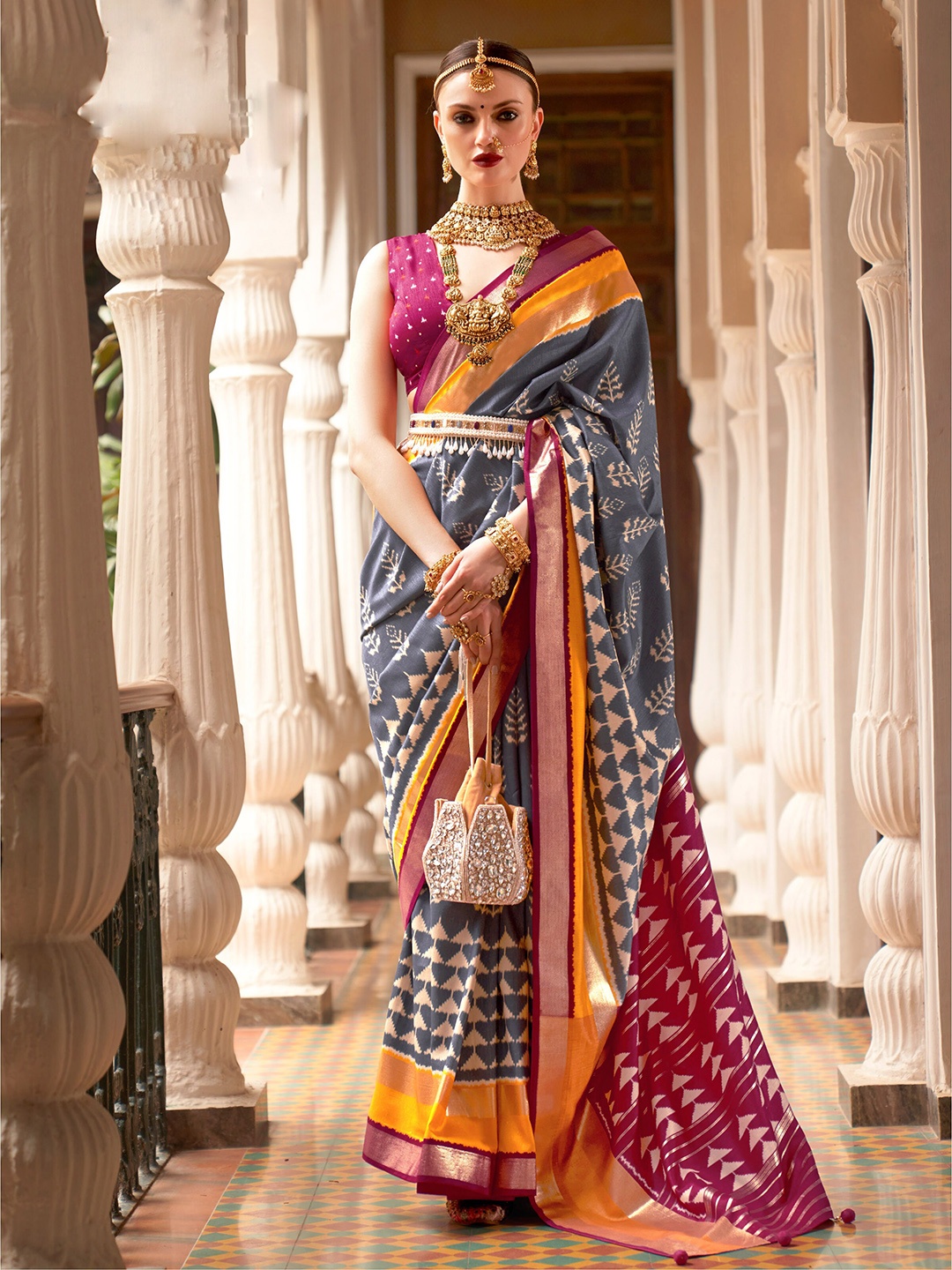 

Mitera Woven Design Zari Patola Saree, Grey