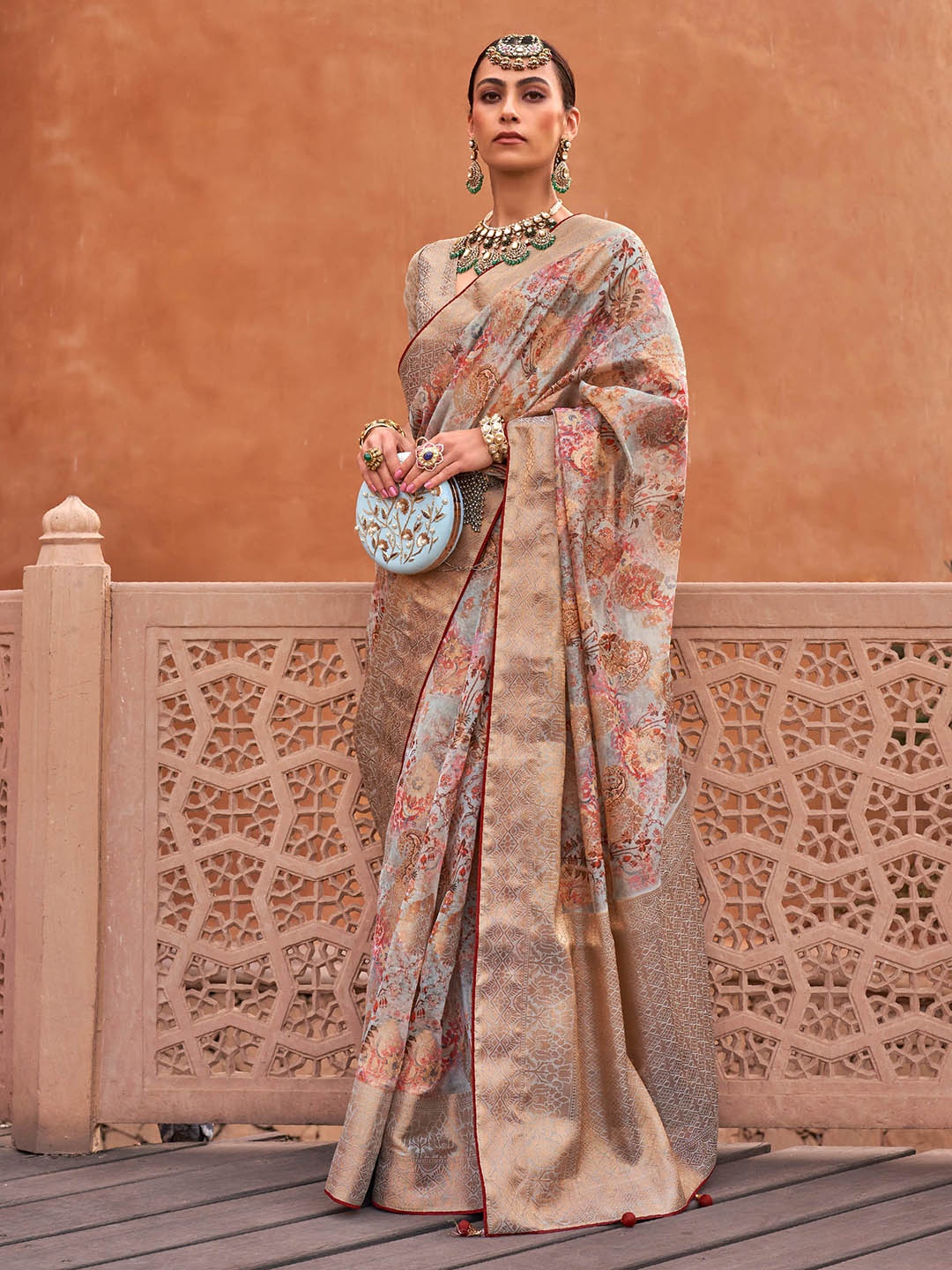

Mitera Grey & Gold-Toned Paisley Printed Zari Organza Saree