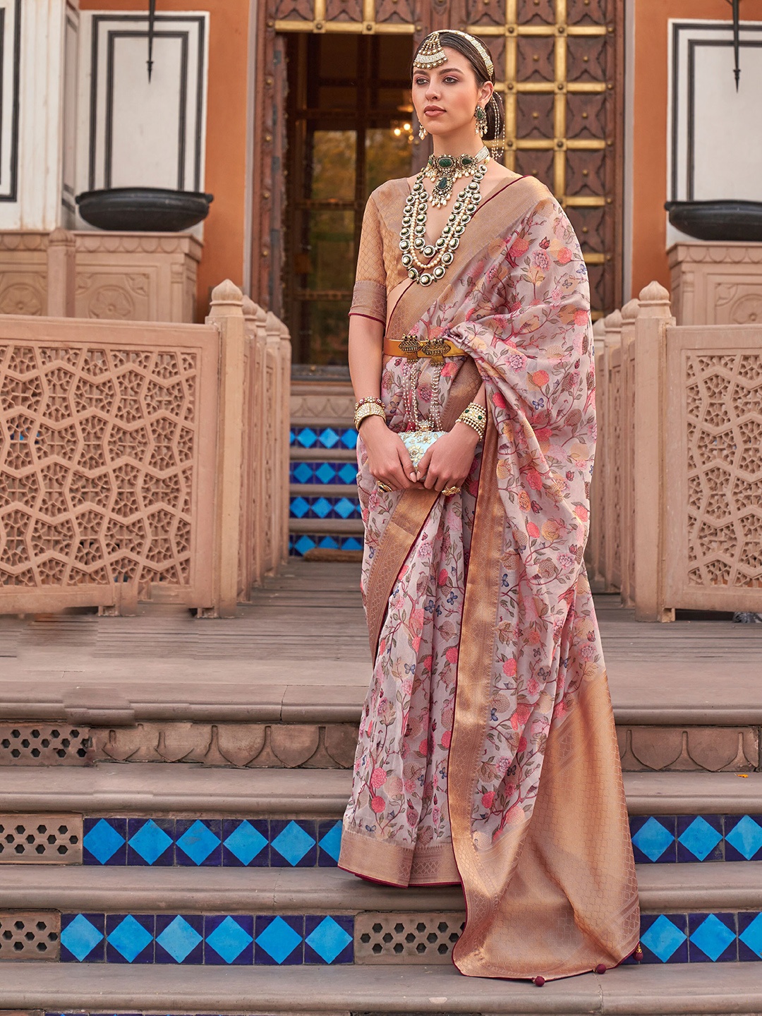 

Mitera Floral Printed Zari Organza Saree, Off white
