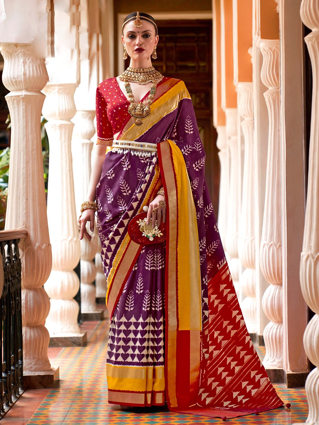 

Mitera Geometric Printed Zari Patola Saree, Purple