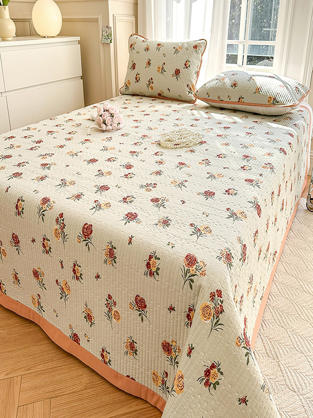 

JC Collection White Floral Printed 162 TC Double King Bed Cover With 2 Pillow Covers
