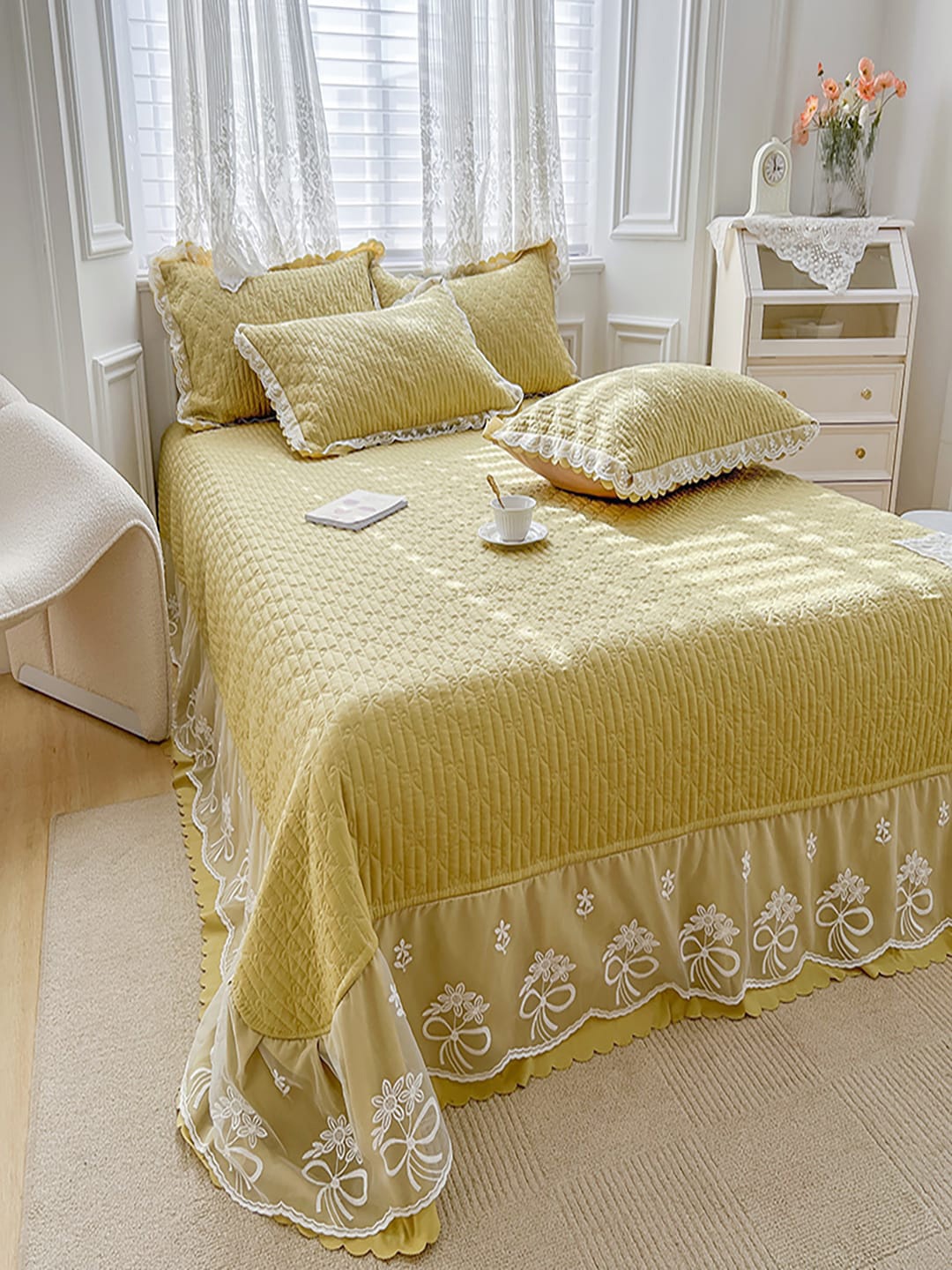 

JC HOME Yellow Self Design 162 GSM Queen Bed Cover With 2 Pillow Covers