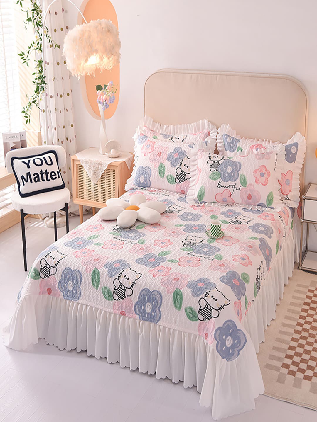 

JC Collection Pink & Blue Self Design 162 GSM King Bed Cover With 2 Pillow Covers