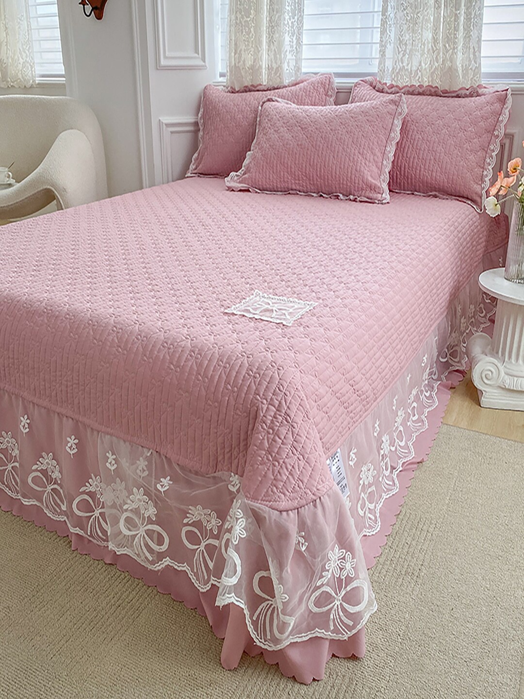 

JC HOME Pink & White Self Design 162 GSM Double King Bed Cover With 2 Pillow Covers