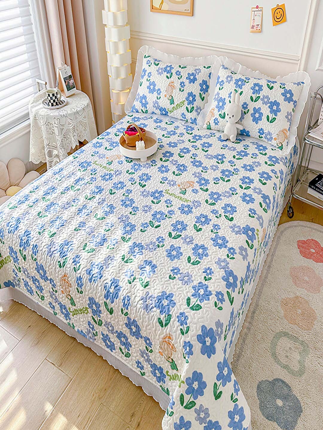 

JC Collection Blue & White Self Design 162 GSM Queen Bed Cover With 2 Pillow Covers
