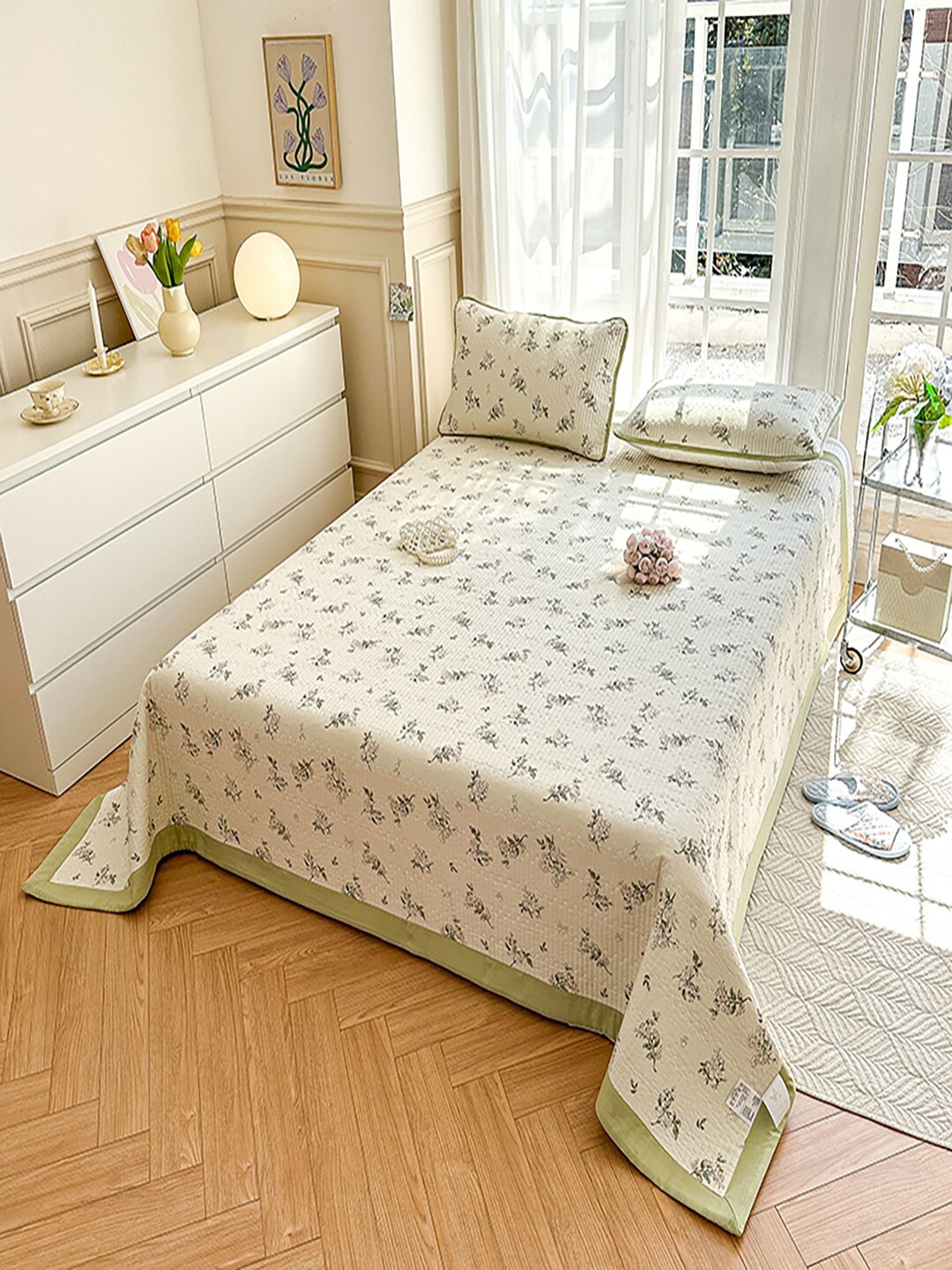 

JC Collection Green & Off White Self Design 162 GSM Bed Cover & Pillow Cover