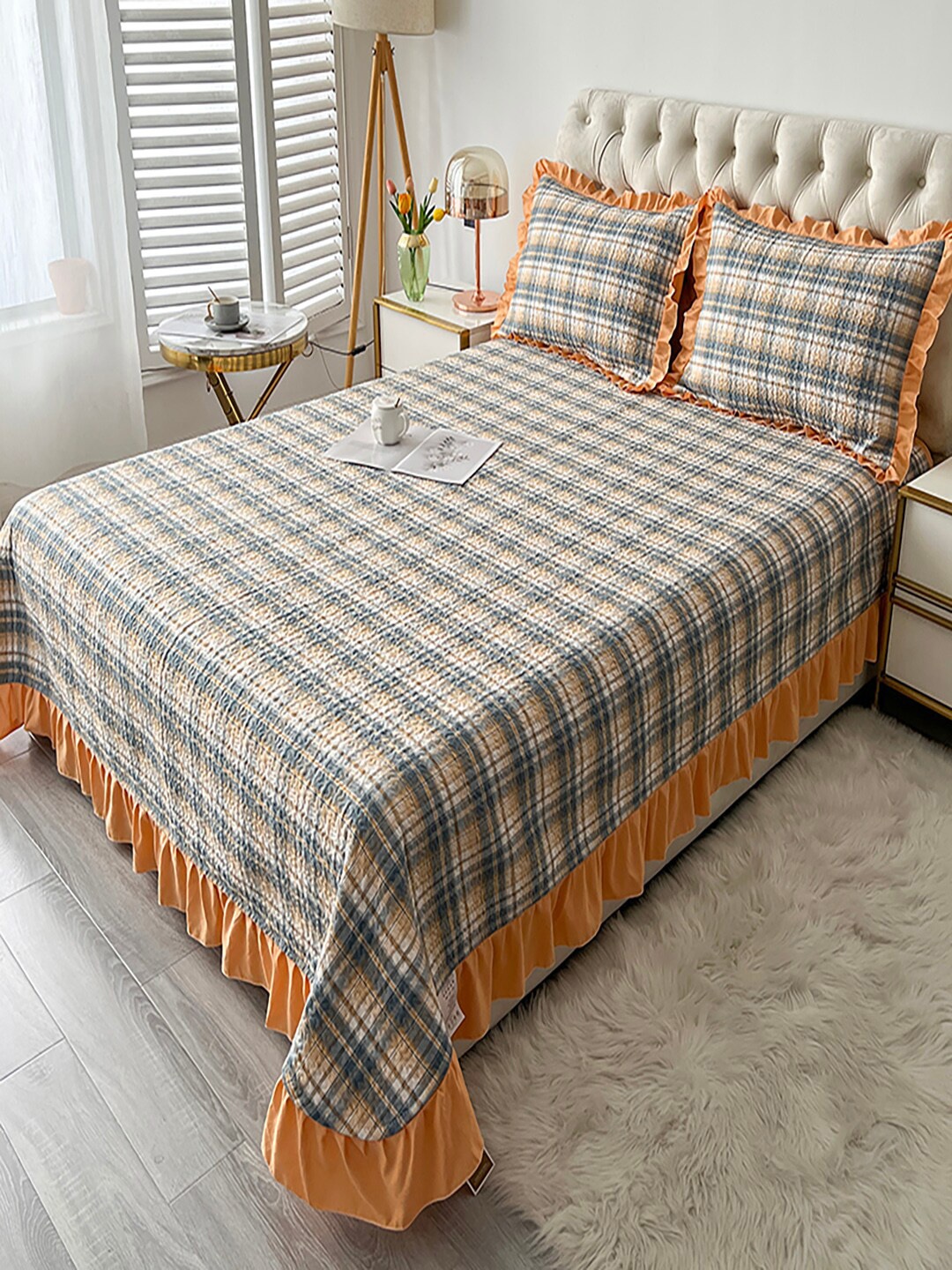 

JC HOME Grey & Orange Checked 162 TC Bed Covers With 2 Pillow Covers