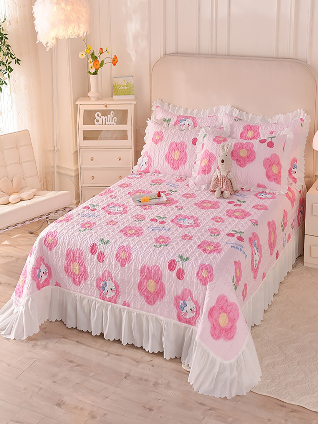 

JC Collection White & Pink Self Design 162 TC Single Bed Cover & 2 Pillow Covers