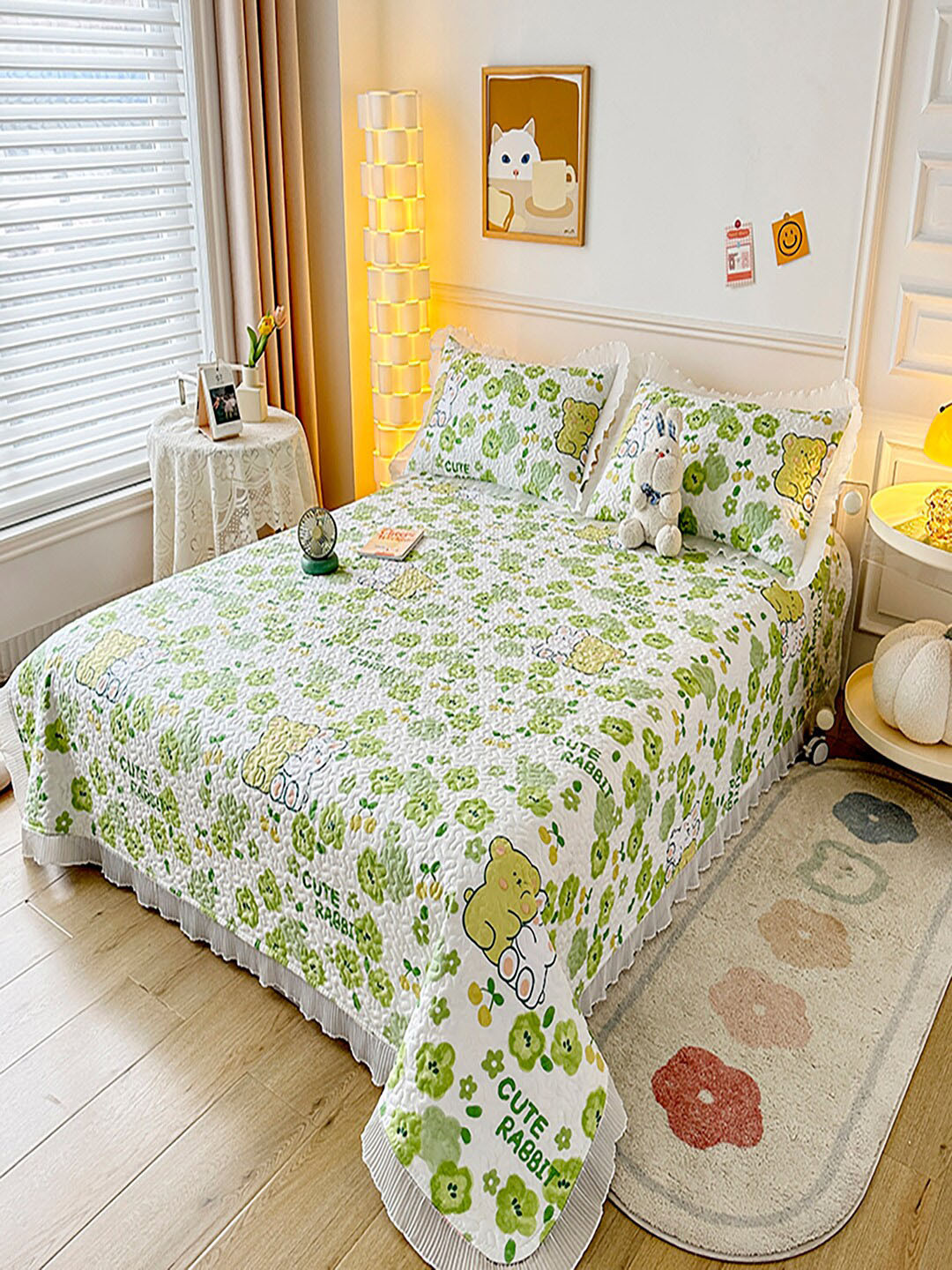

JC Collection Green & White Self Design 162 GSM Bed Cover & Pillow Covers