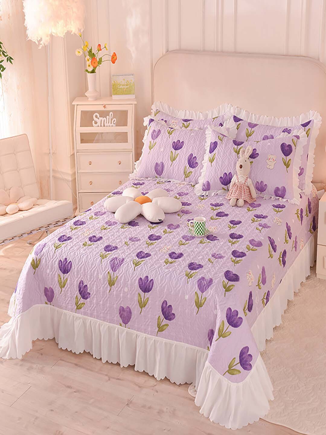 

JC Collection Purple & Green Printed 162 TC Double King Bed Cover With Pillow Covers