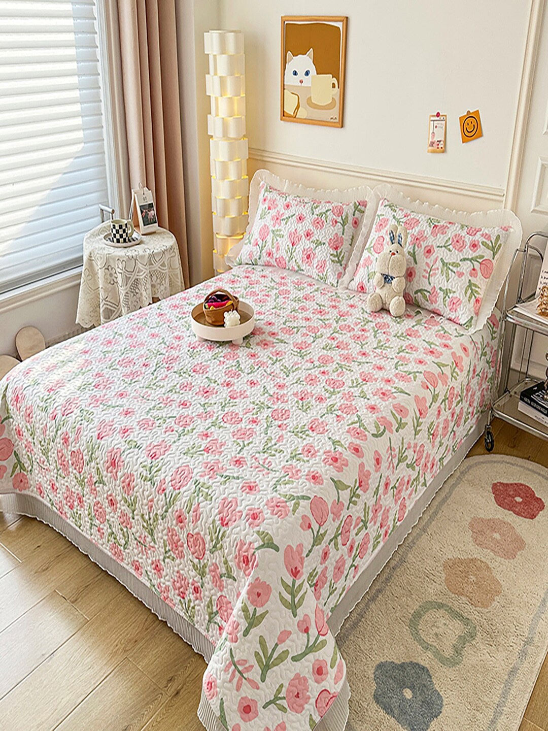 

JC HOME White Pink Floral Printed 162 TC Double Queen Bed Cover 2 Pillow Covers