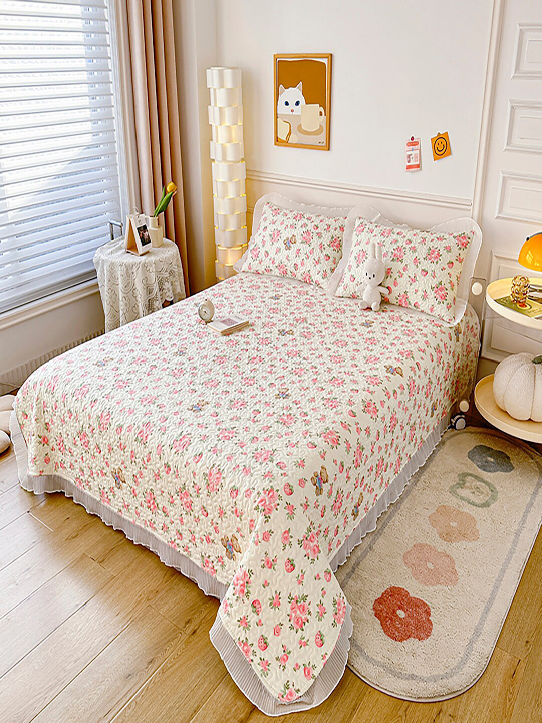 

JC Collection White & Pink Printed 162 TC Bed Cover With 2 Pillow Covers