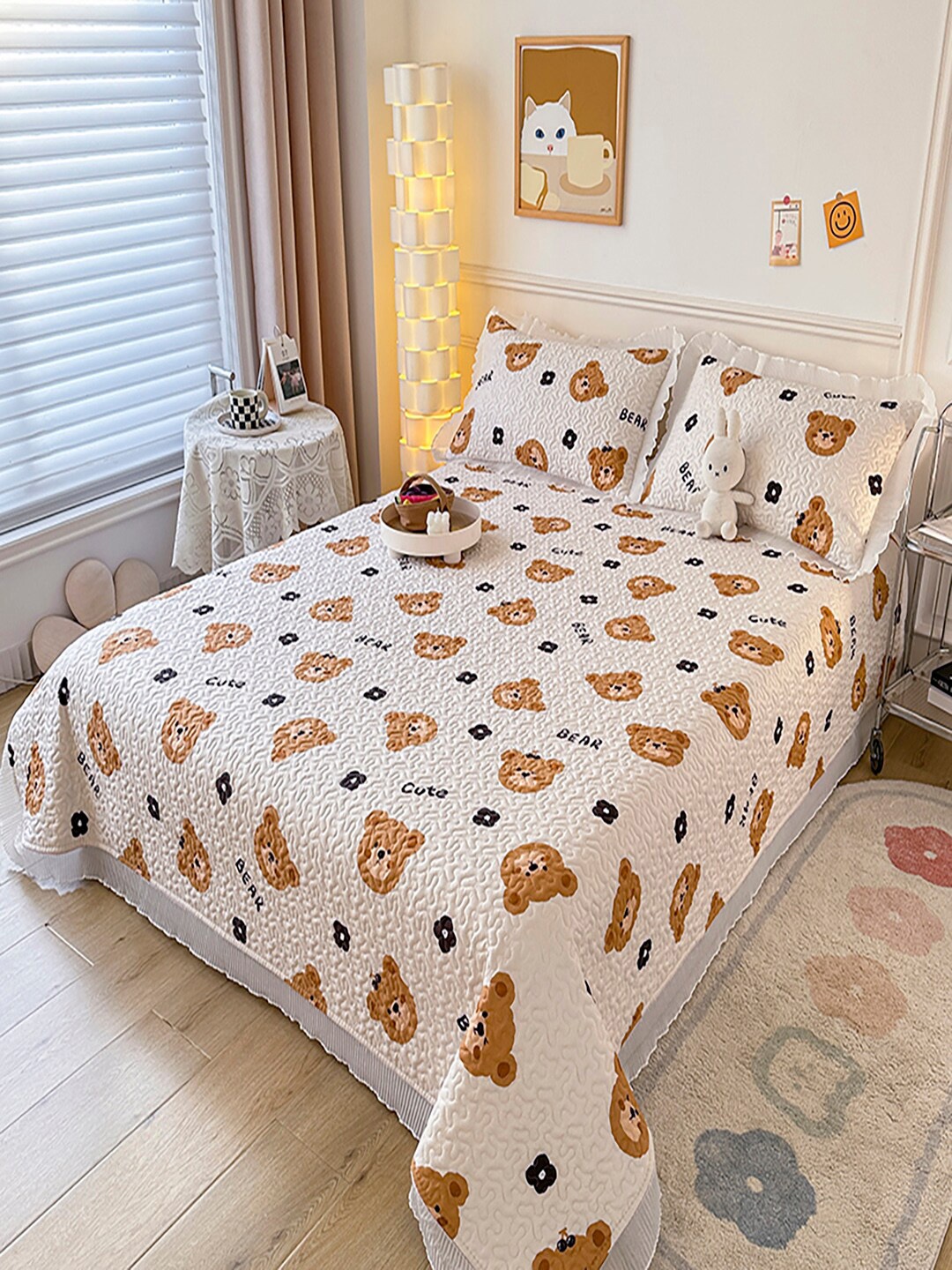 

JC HOME White Brown Printed 162 TC Double Queen Bed Cover With 2 Pillow Covers