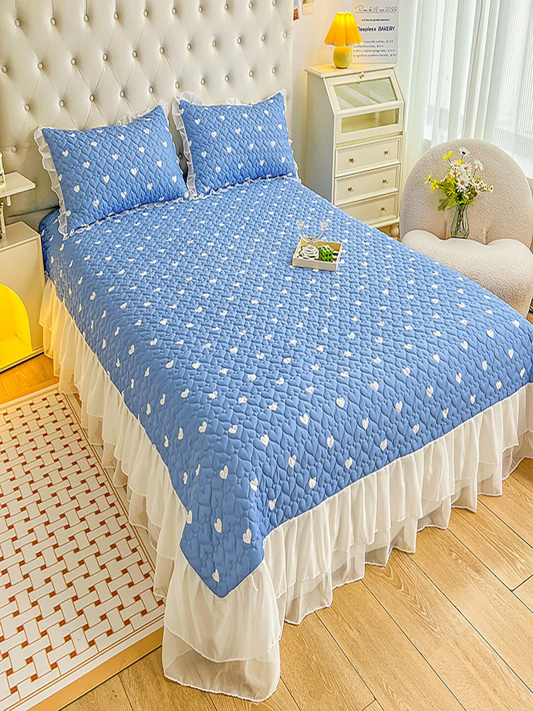

JC HOME Blue White Printed 162 TC Superking Bed Cover With 2 Pillow Covers