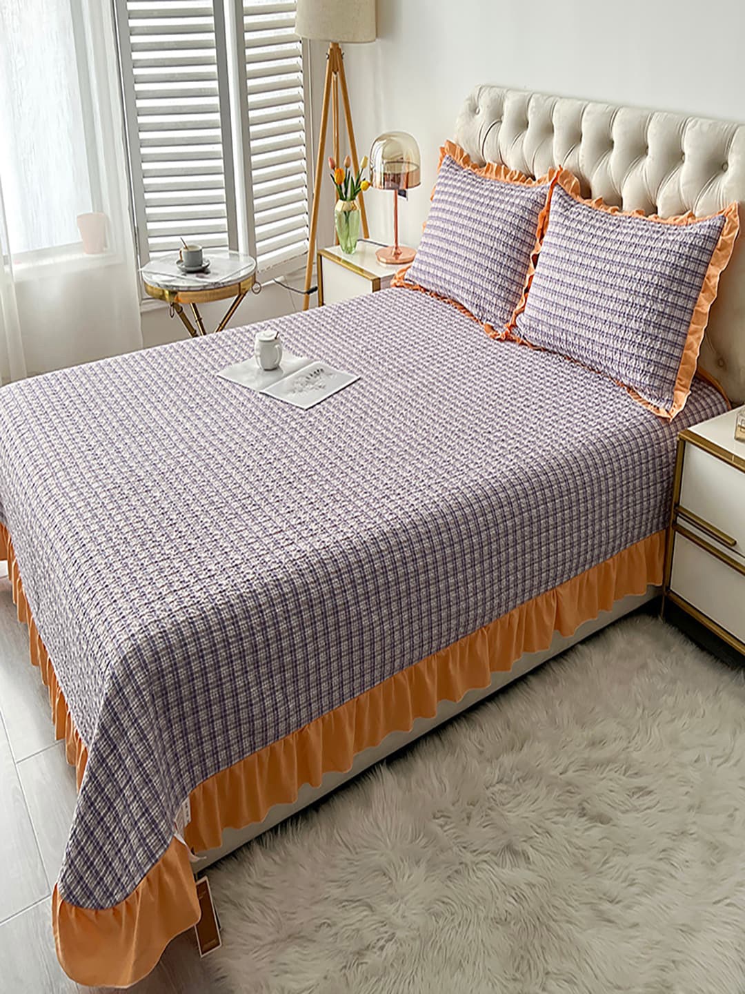 

JC HOME Blue Checked 162TC Double Queen Bed Cover With 2 Pillow Covers