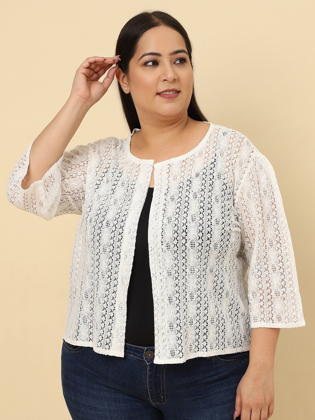 

UnaOne Plus Size Self Design Open Front Cotton Shrug, Off white