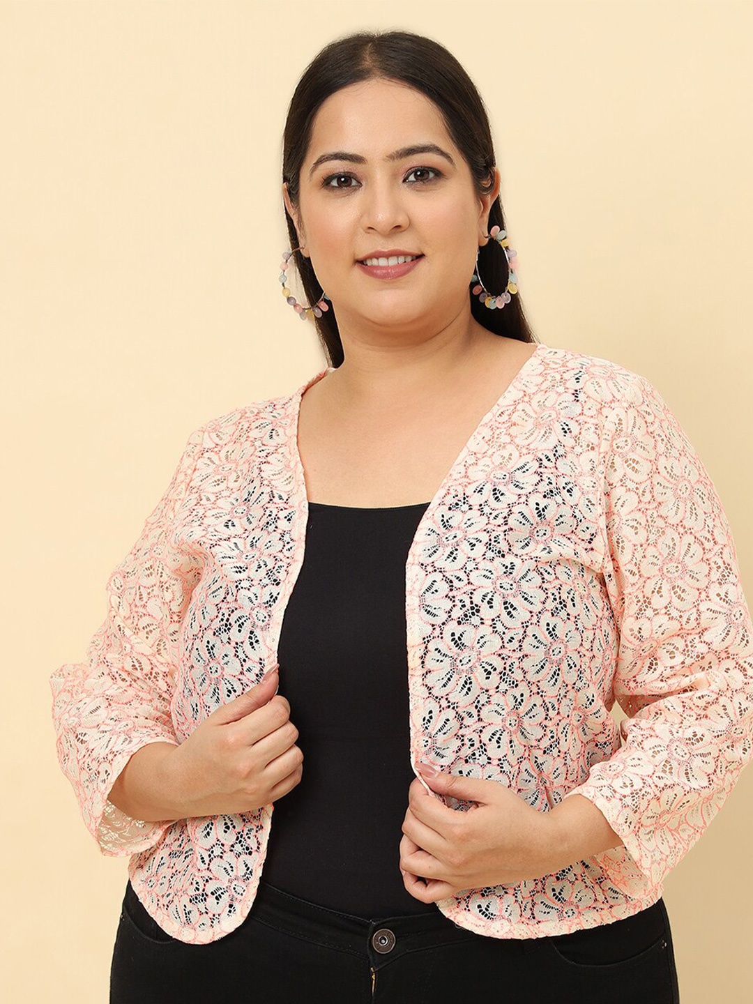 UnaOne Plus Size Self Design Open Front Cotton Shrug, Orange