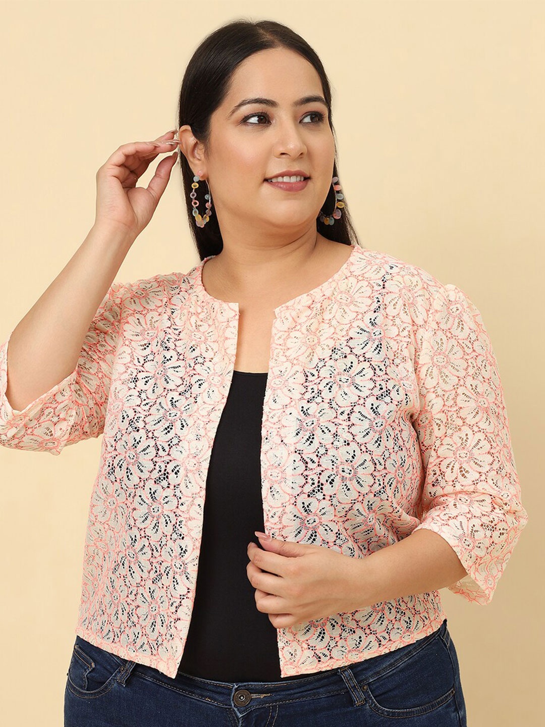 

UnaOne Plus Size Self Design Open Front Cotton Shrug, Orange