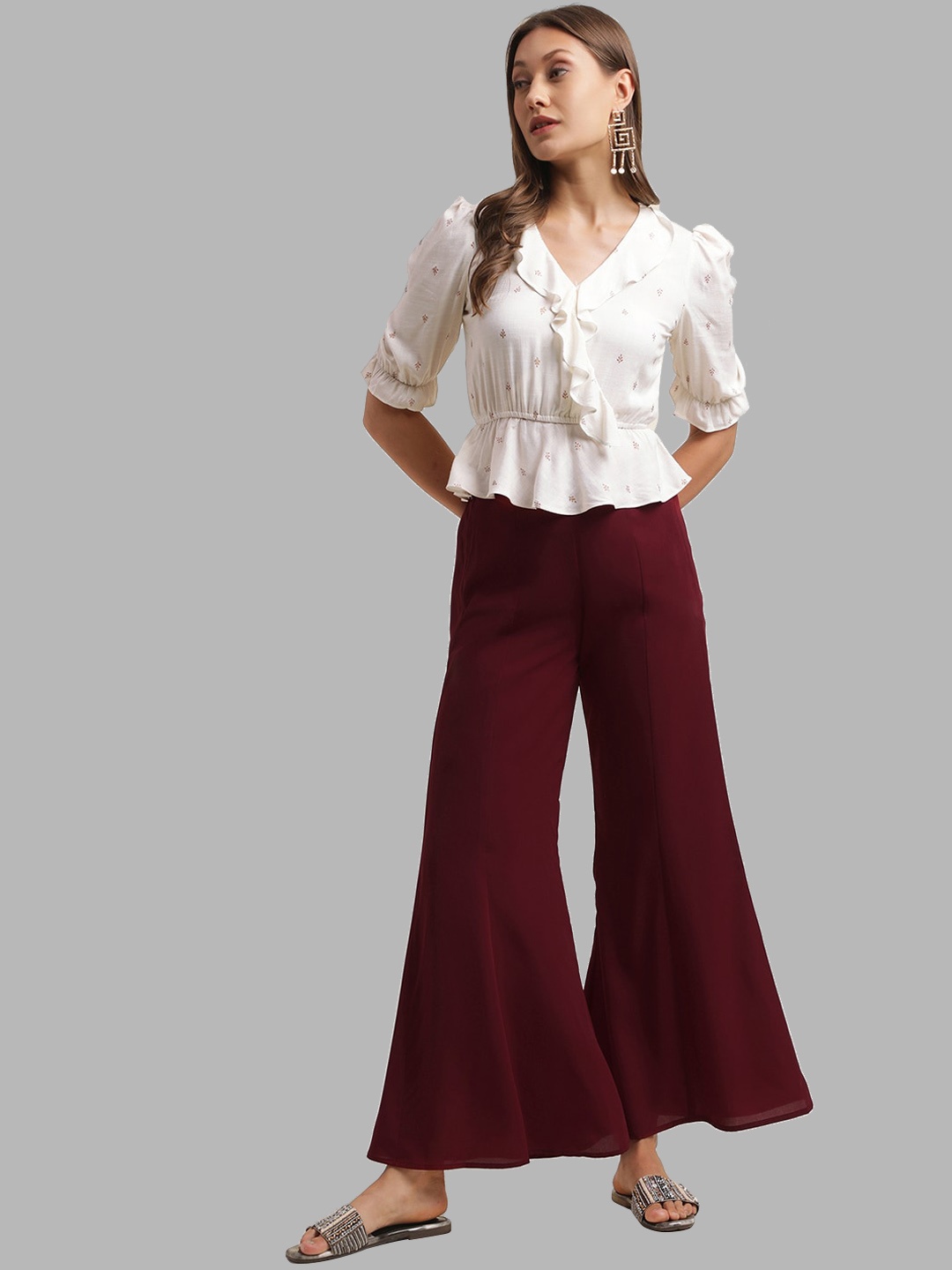 

Selvia Printed V-Neck Ruffles Top With Trousers Co-Ords, White