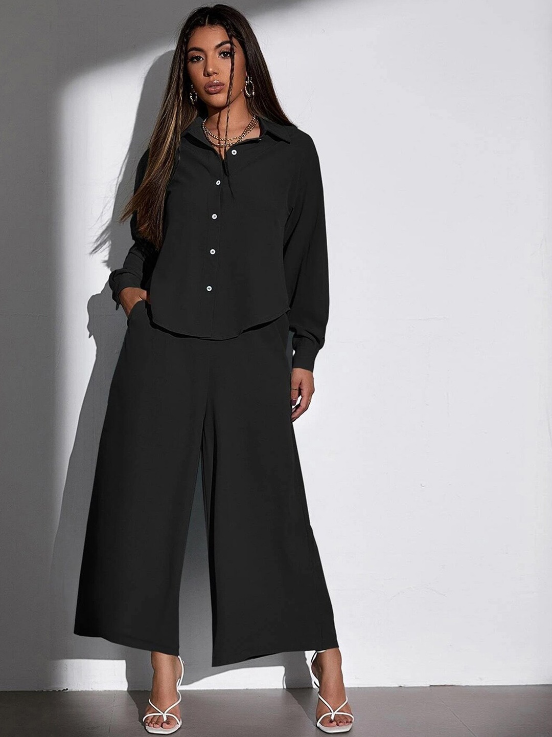 

Selvia Shirt Collar Neck Shirt With Straight Palazzo Co-Ord, Black