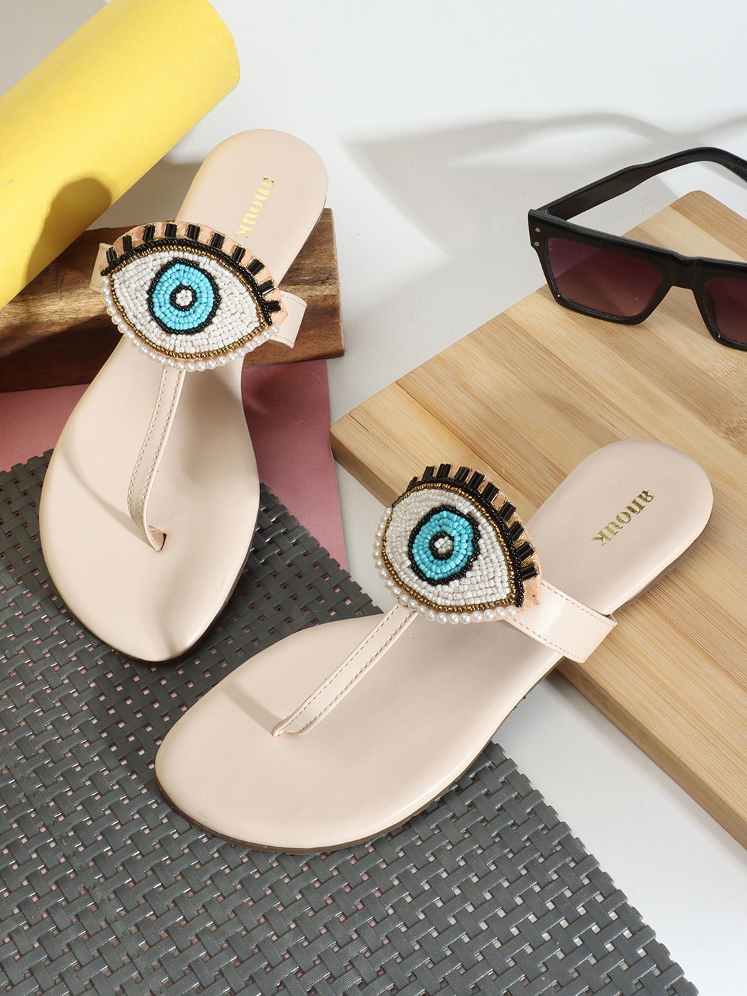 

Anouk Cream Coloured Evil Eye Classic Embellished T- Strap Flats