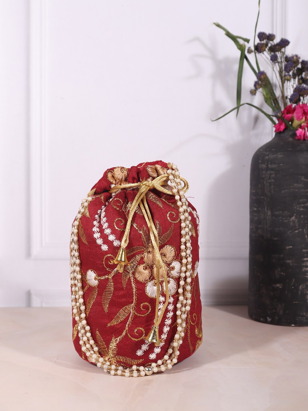 

LIKAA Maroon & Gold-Toned Embroidered Potli Clutch