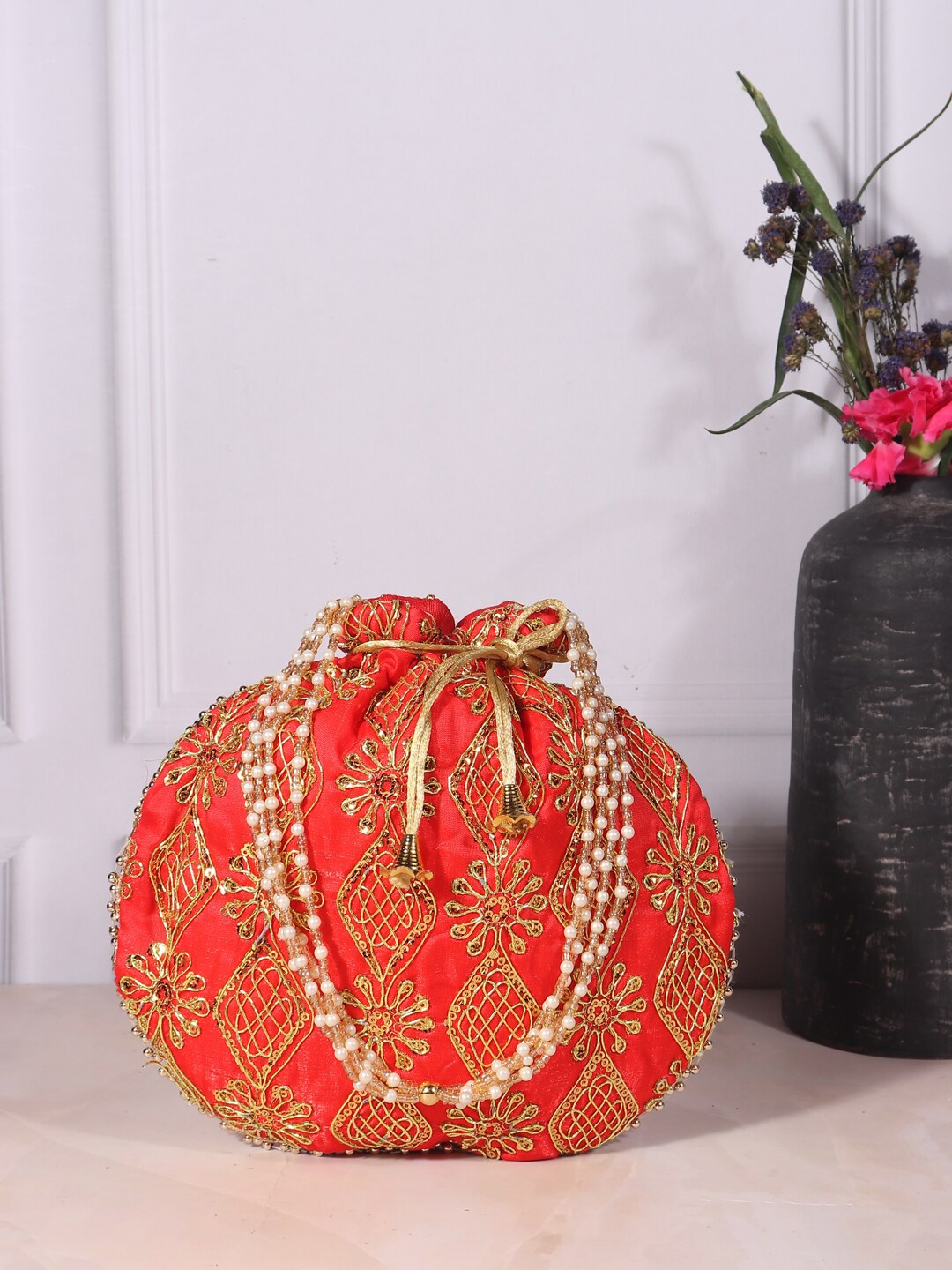 

LIKAA Orange & Gold-Toned Embroidered Potli Clutch