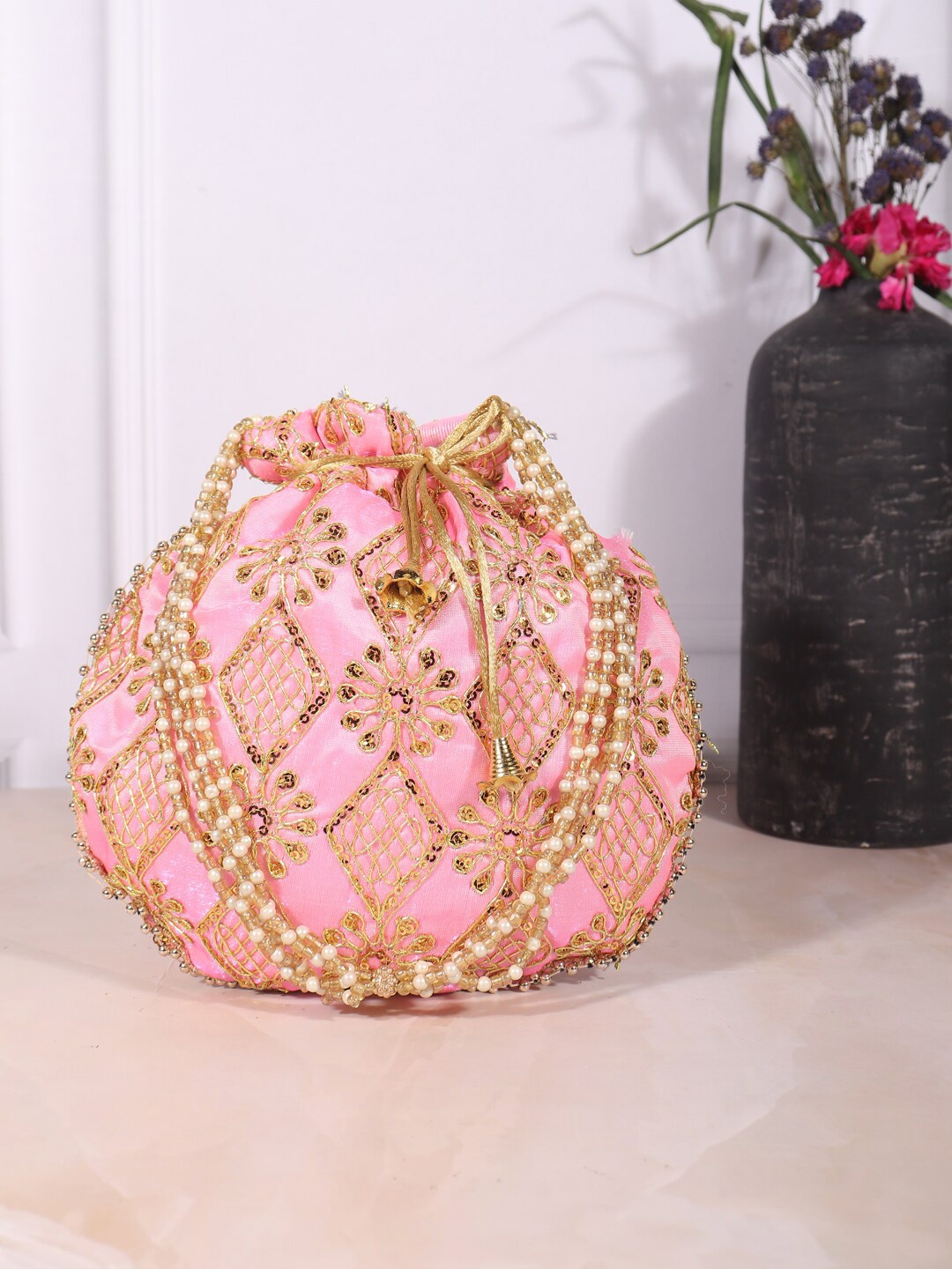 

LIKAA Pink & Gold-Toned Embroidered Potli Clutch