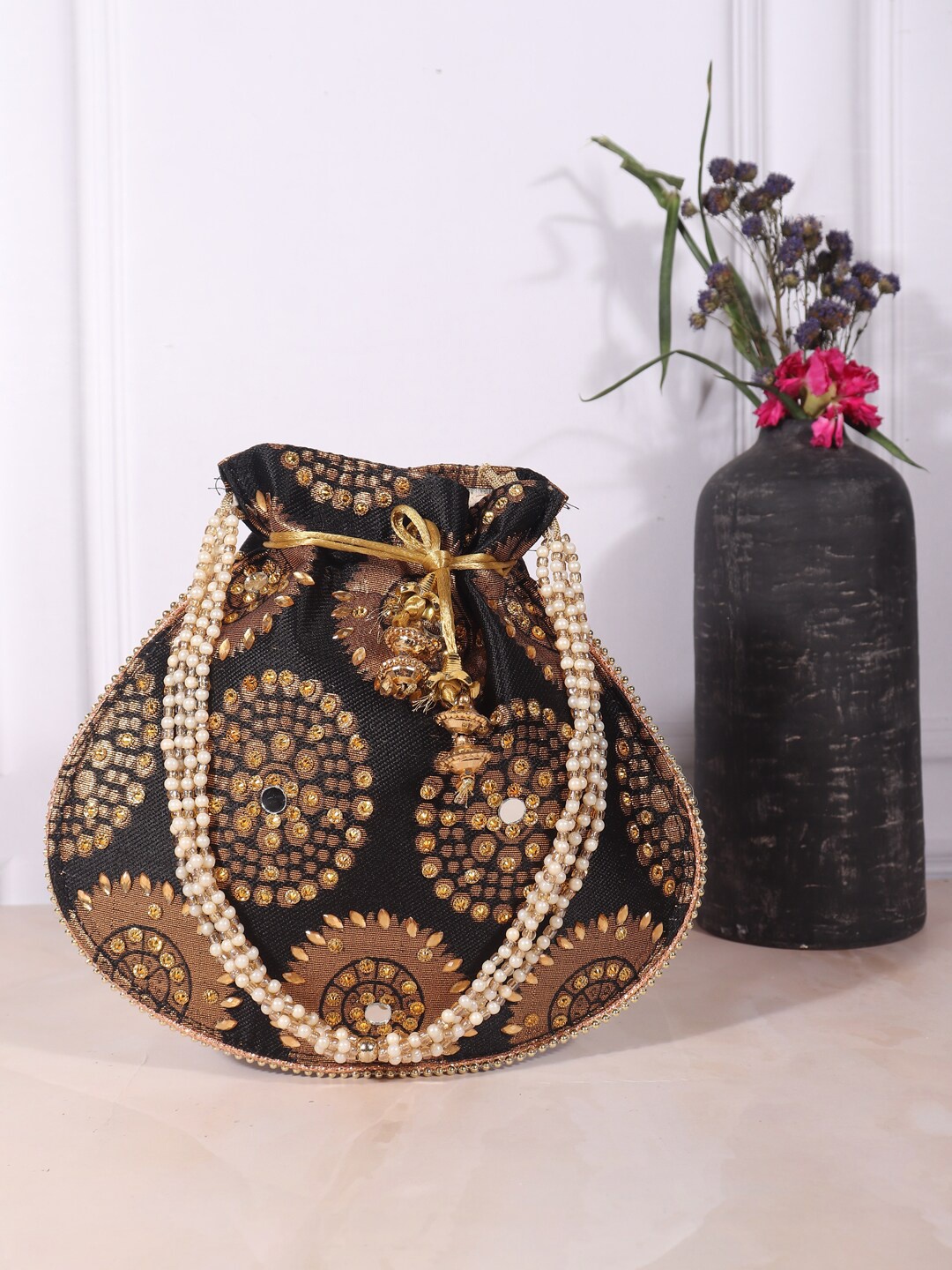 

LIKAA Black & Beige Embroidered Potli Clutch