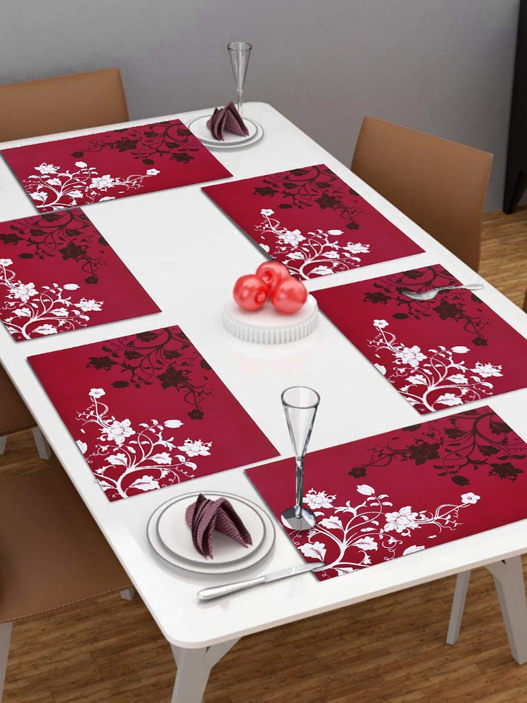

Dakshya Industries 6- Pcs Maroon & White Floral Rectangle Table Placemats