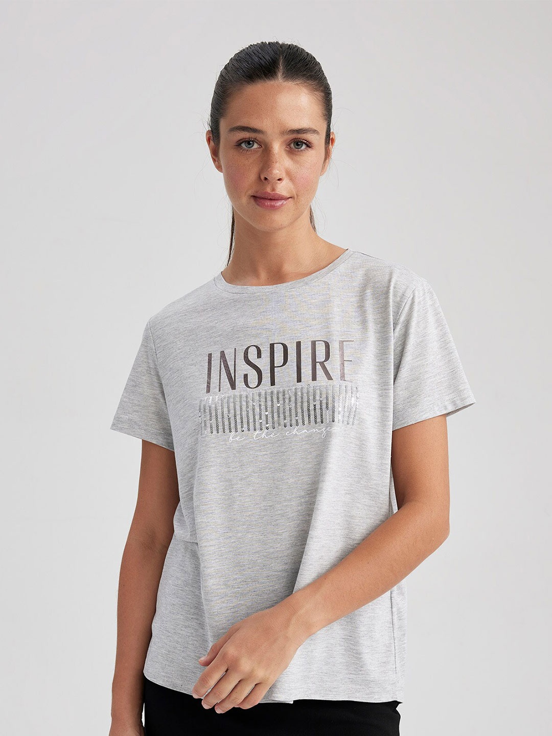

DeFacto Typography Printed Round Neck Regular T-shirt, Grey