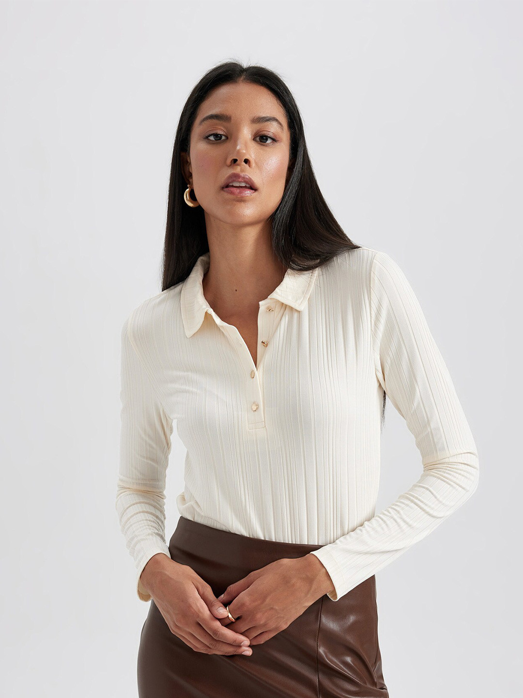 

DeFacto Polo Collar Knitted T-shirt, Off white
