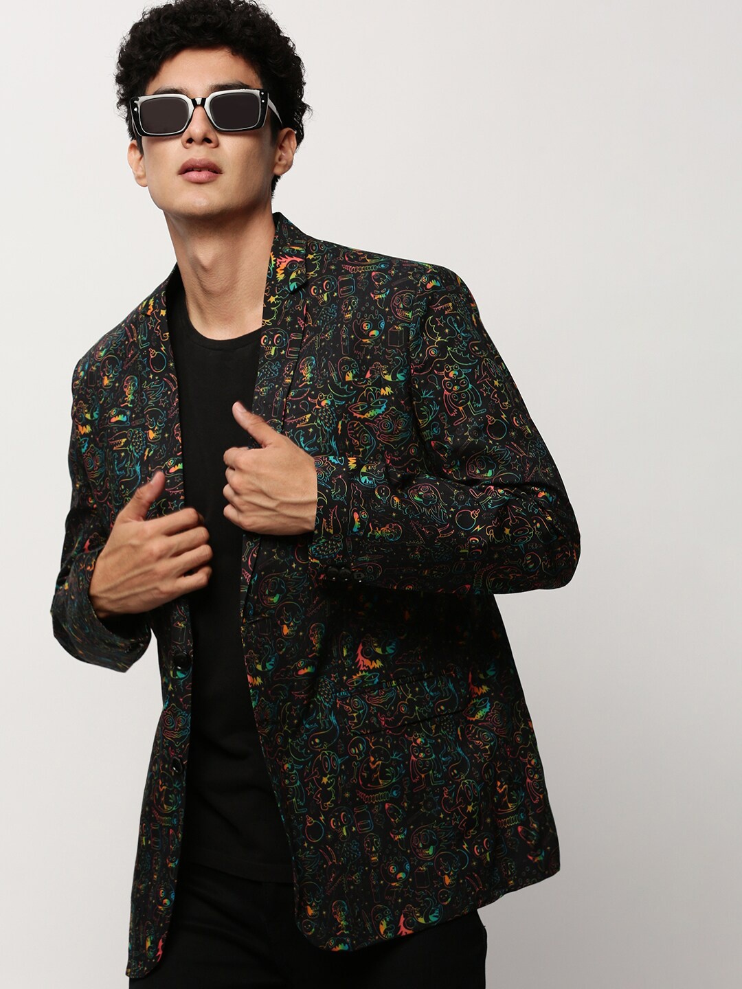 

SHOWOFF Printed Cotton Slim-Fit Single Breasted Blazer, Black