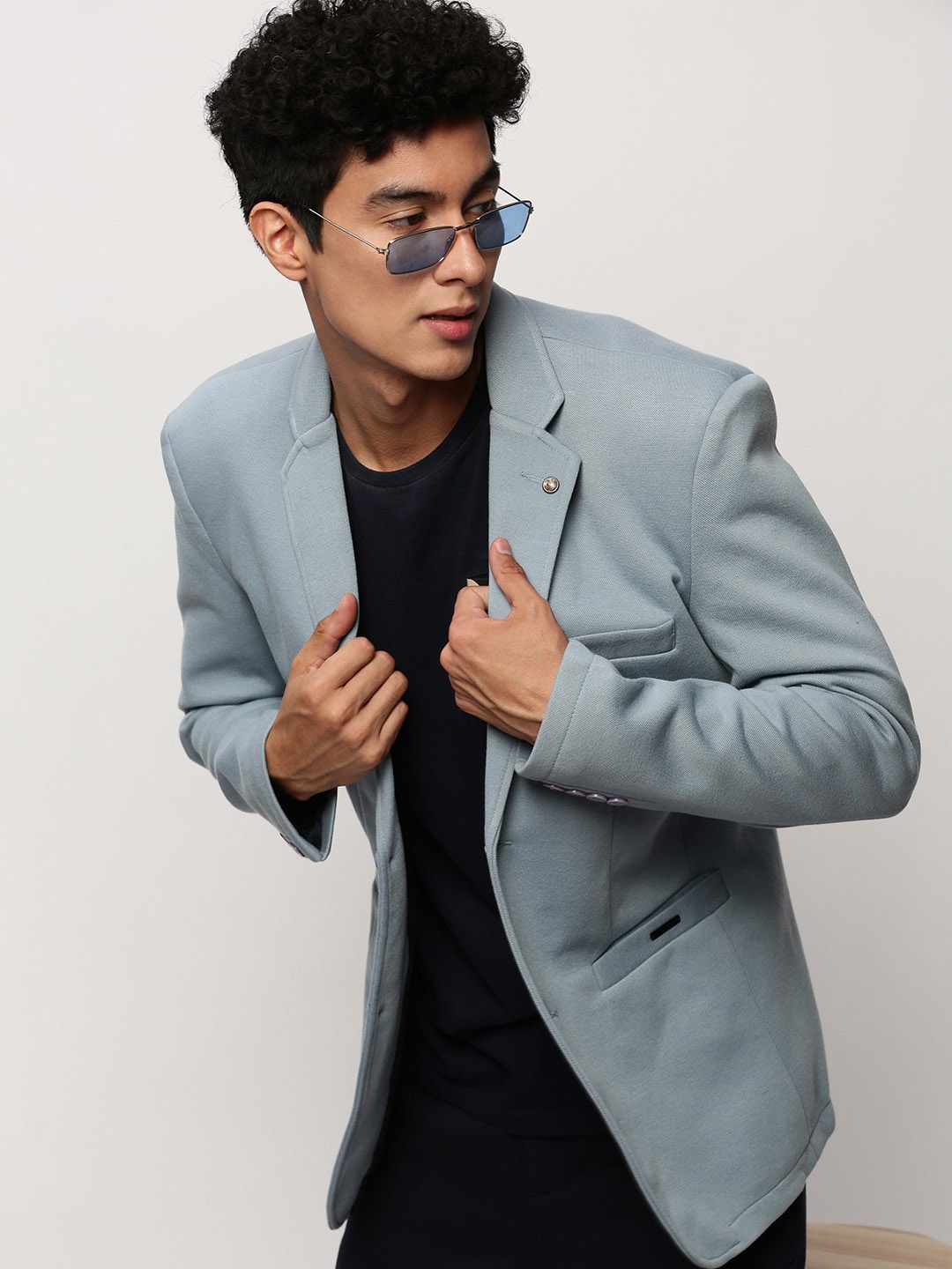 

SHOWOFF Notched Lapel Collar Single Breasted Slim-Fit Cotton Casual Blazer, Blue