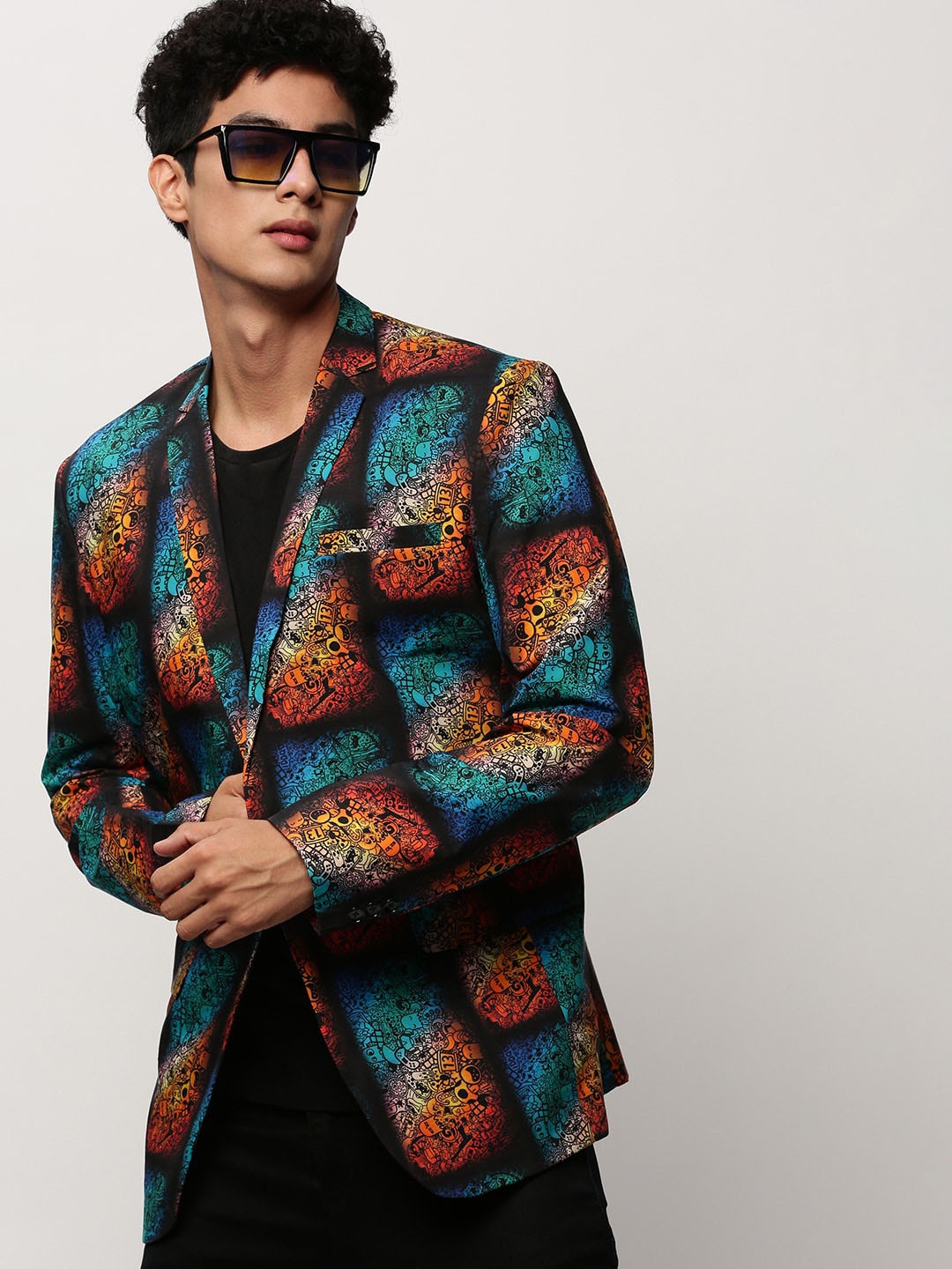 

SHOWOFF Graphic Printed Slim Fit Single-Breasted Cotton Blazer, Black