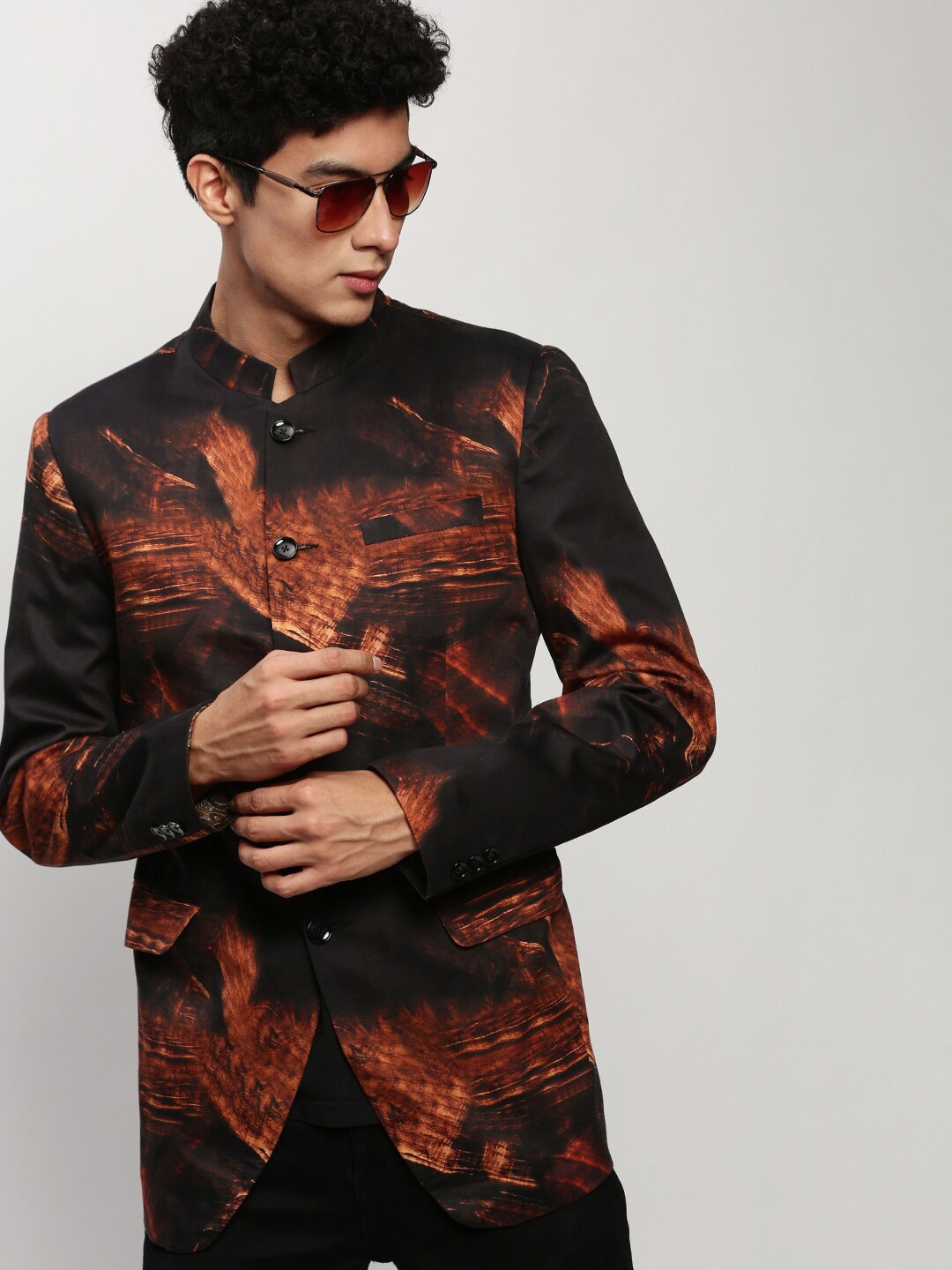 

SHOWOFF Slim-Fit Printed Mandarin Collar Bandhgala Cotton Casual Blazer, Black
