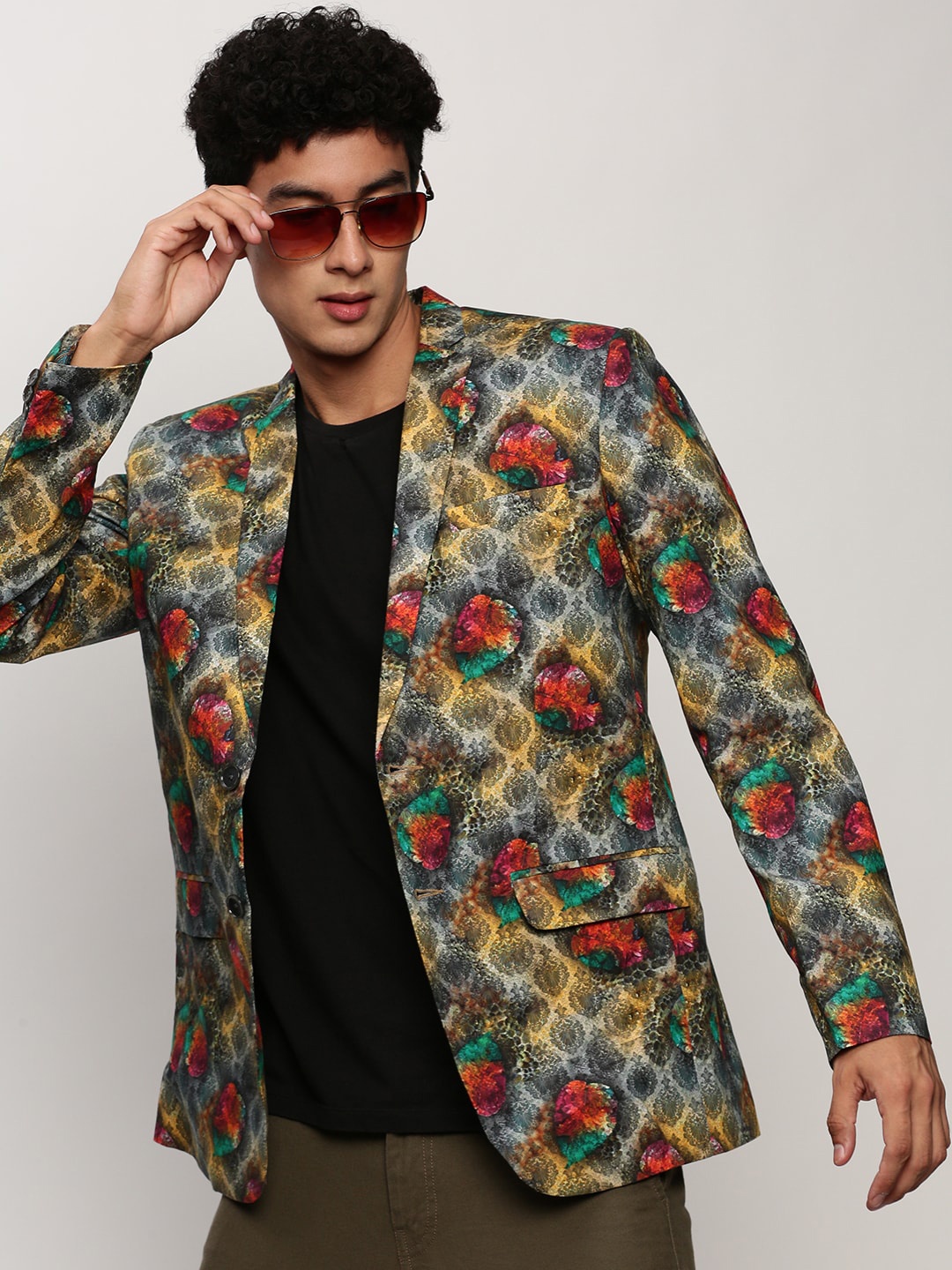 

SHOWOFF Ethnic Motifs Printed Slim-Fit Single Breasted Cotton Blazer, Grey