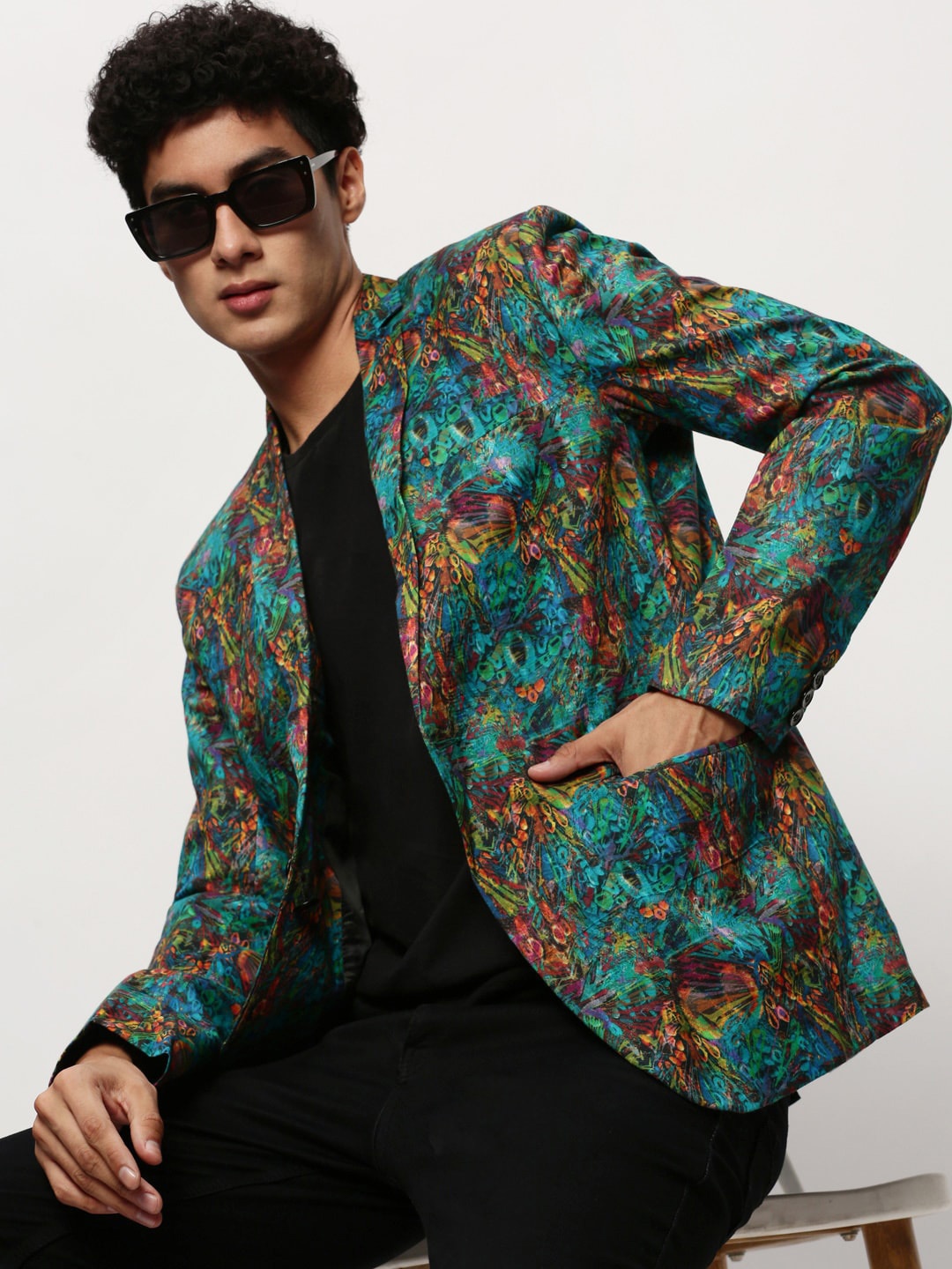

SHOWOFF Printed Notched Lapel Single Breasted Blazer, Turquoise blue