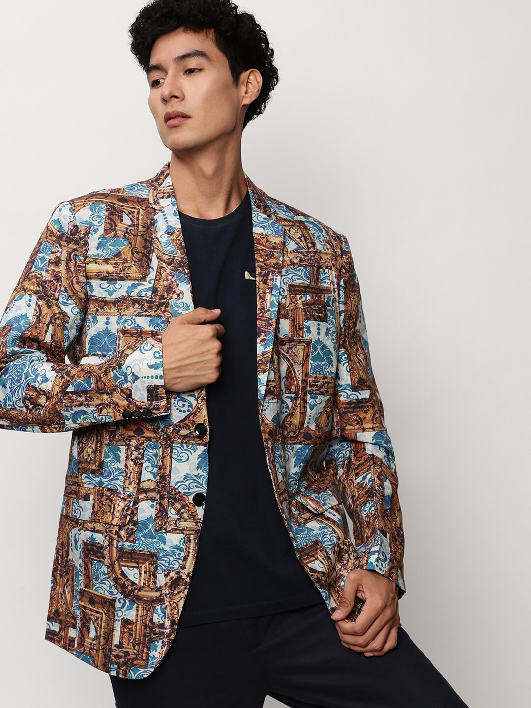 

SHOWOFF Printed Notched Lapel Single Breasted Blazer, Brown