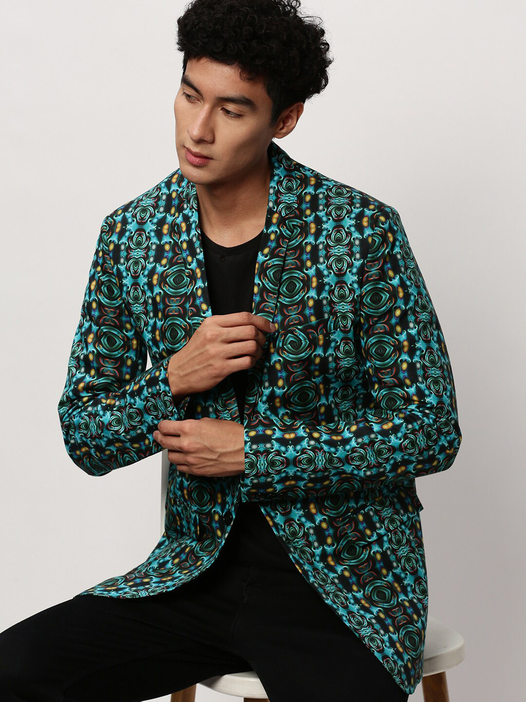 

SHOWOFF Printed Slim-Fit Cotton Single Breasted Blazer, Turquoise blue