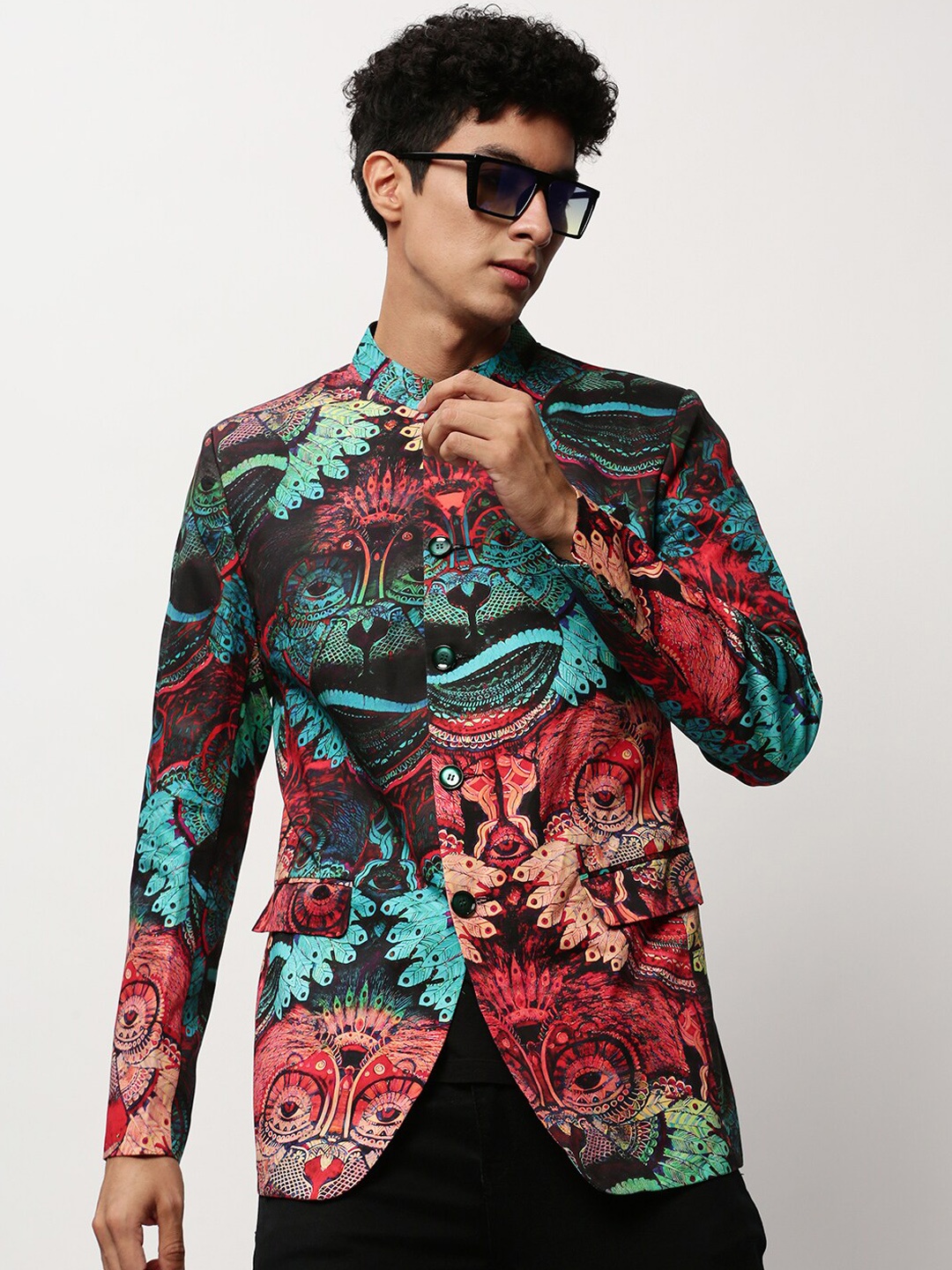 

SHOWOFF Graphic Printed Mandarin Collar Single-Breasted Bandhgala Cotton Casual Blazer, Black