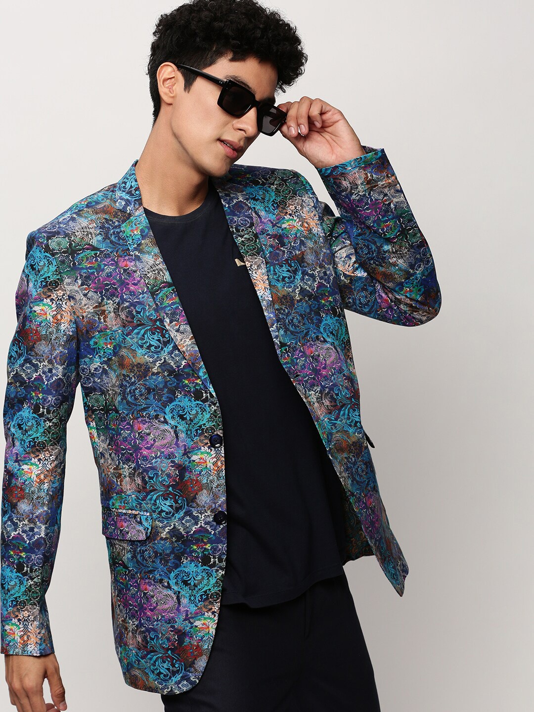 

SHOWOFF Slim-Fit Printed Notched Lapel Collar Single Breasted Cotton Casual Blazer, Blue