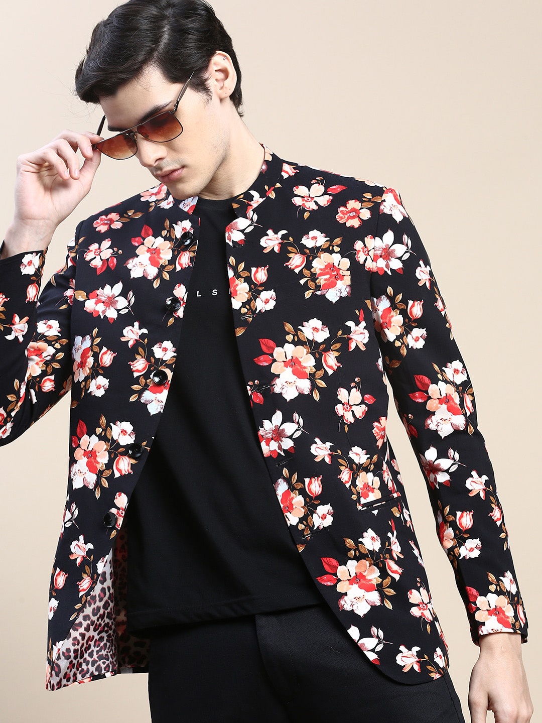 

SHOWOFF Floral Printed Slim-Fit Cotton Bandhgala Blazer, Black
