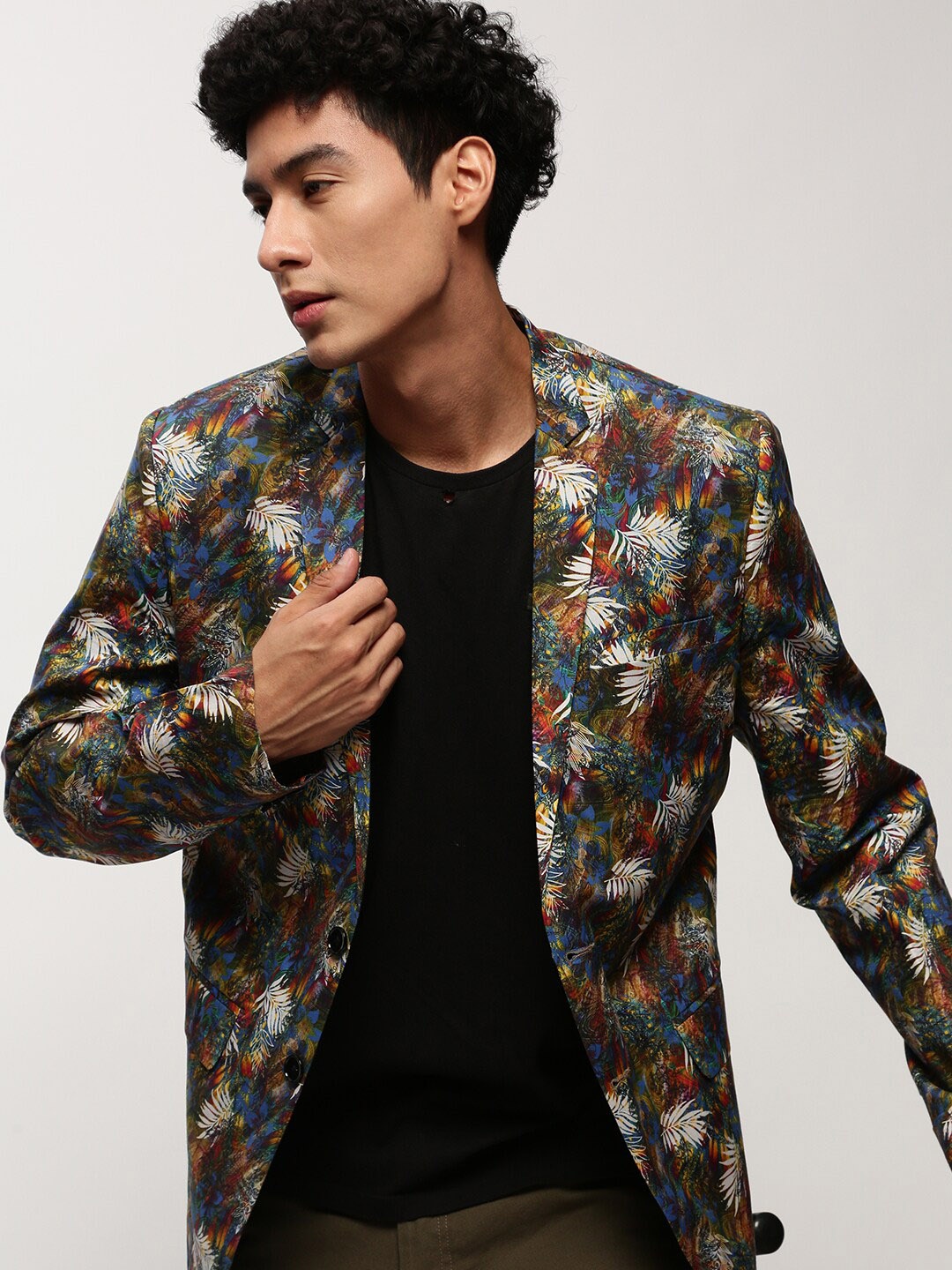 

SHOWOFF Slim-Fit Printed Notched Lapel Collar Single Breasted Cotton Casual Blazer, Blue