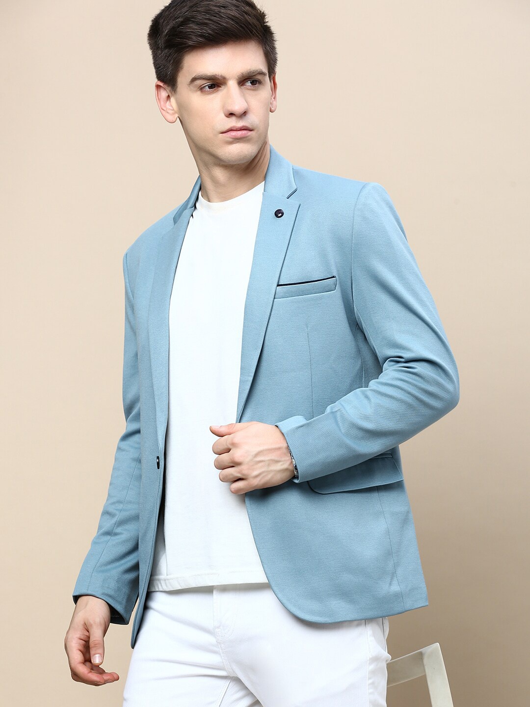 

SHOWOFF Slim-Fit Single Breasted Cotton Blazer, Turquoise blue