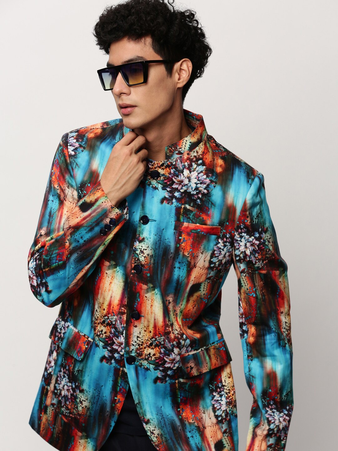 

SHOWOFF Slim-Fit Printed Mandarin Collar Bandhgala Cotton Casual Blazer, Blue