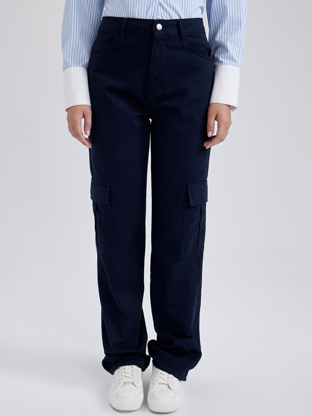 

DeFacto Women Regular Fit Mid-Rise Cotton Cargos Trousers, Navy blue