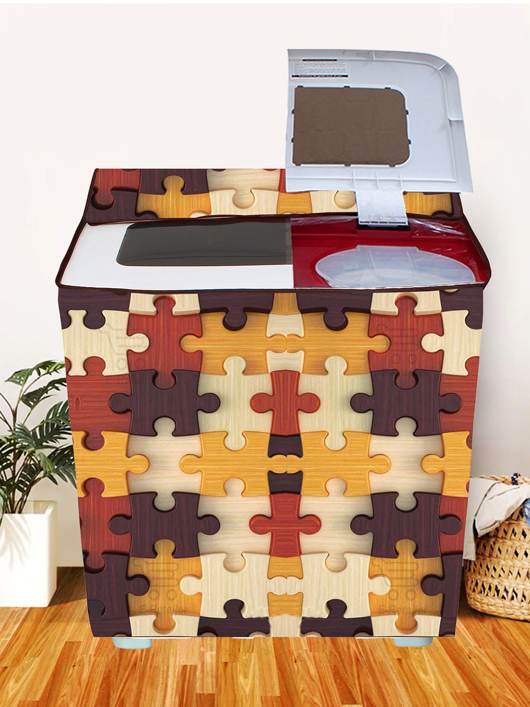 

E-Retailer Yellow & Brown Printed Washing Machine Cover