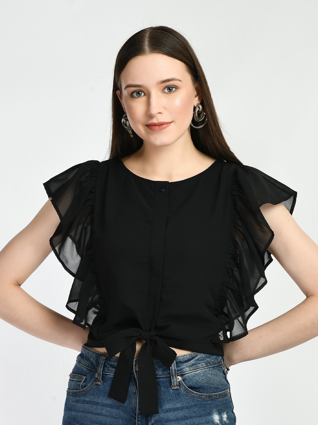 

DressBerry Flutter Sleeve Waist Tie Ups Cotton Shirt Style Crop Top, Black